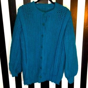Teal Blue Hand Knit Crochet Heavy Winter Cardigan Button Front Medium/Large